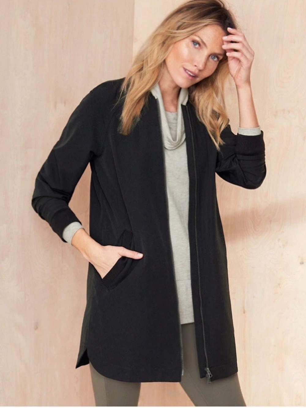 Garnet Hill Longline Bomber Jacket Black Zip Up Coat Sz XL